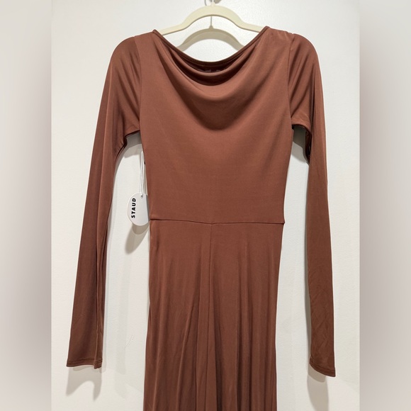 NEW STAUD Gres Dress, midi waterfall ruffle ruched brown tiramisu 4/ Small - Picture 13 of 15